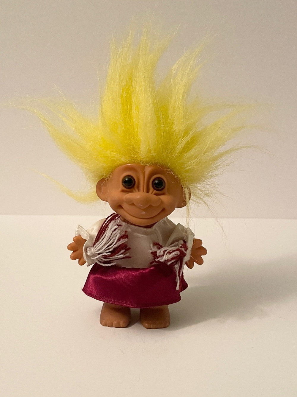 Vintage Russ Troll Doll Cheerleader Red Maroon Skirt Outfit Yellow Hair Retro